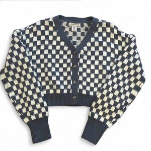 Sincerely Jules Navy & Ivory Checkerboard Cropped Cardigan